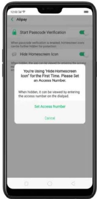 Alipay Start Passcode Verification When passcode verification is enabled, homescreen icons candle further hidden for protection Hide Homescreen Icon When hidden, the app can be viewed by entering the access You're Using 'Hide Homescreen Icon' for the First Time. Please Set an Access Number. When hidden, it can be viewed by entering the access number on the dialpad. Set Access Number Cancel