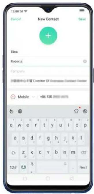 12:00 34 Cancel New Contact Save + Ellea Roberts Compass 主窗 Director Of Overseas Contact Center Mobile +86 135 q w e r t y u i o p a s d f g h j k l z x c v b n m 12# 8 Next