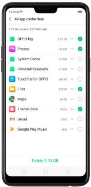 All app cache data 2.13 GB selected / 2.27 GB in total OPPO log 3.01 GB Photos 128 MB System Cache 127 MB Uninstall Residuals 9.0 MB TouchPal for OPPO 584 KB Files 279 KB Maps 84 KB Theme Store 516 KB Gmail 199 KB Google Play Music 36 KB Delete 2.13 GB