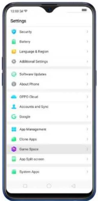12:00 3d Settings Security Battery Language & Region Additional Settings Software Updates About Phone OFPO Cloud Accounts and Sync Google App Management Clone Apps Game Space App Split-screen System Apps