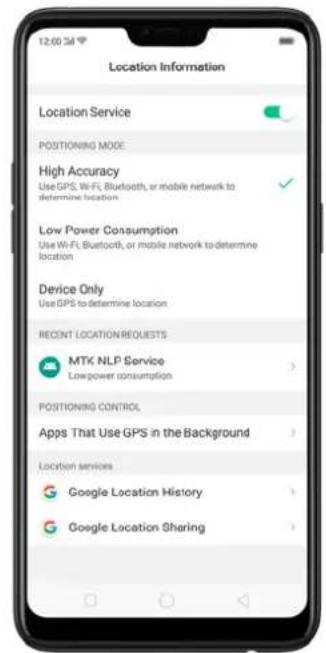 Location Information Location Service POSITIONING MODE High Accuracy Use GPS, Wi-Fi, Bluetooth, or mobile network to determine location Low Power Consumption Use Wi-Fi, Bluetooth, or mobile network to determine location Device Only Use GPS to determine location RECENT LOCATION REQUESTS MTK NLP Service Low power consumption POSITIONING CONTROL Apps That Use GPS in the Background Location services Google Location History Google Location Sharing