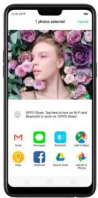 1 photos selected OPPO Share. Tap here to turn on Wi-Fi and Bluetooth to send via 'OPPO Share'.