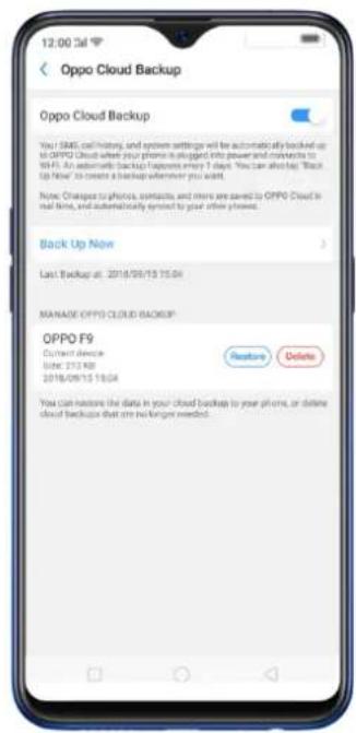 12:00 Cal Oppo Cloud Backup Oppo Cloud Backup You! SMS, call history, and screen settings will be automatically backed up to OPPO Cloud when your phone is logged into power and contacts to 16:45. An automatically backup happens every 7 days. You can also keep "Back Up Now" to create a backup whenever you want. None: Changes to phones, contacts, and more are saved to OPPO Cloud in real time, and automatically signed to your other phones. Back Up Now Last Backup at: 2018/09/13 15:04 MANAGE OPPO CLOUD BACKUP OPPO F9 Current Device Sutter: ZTA Air 2018/09/13 15:04 Restore Delete You can restore the data in your cloud backup to your phone, or delete cloud backups that are no longer needed.
