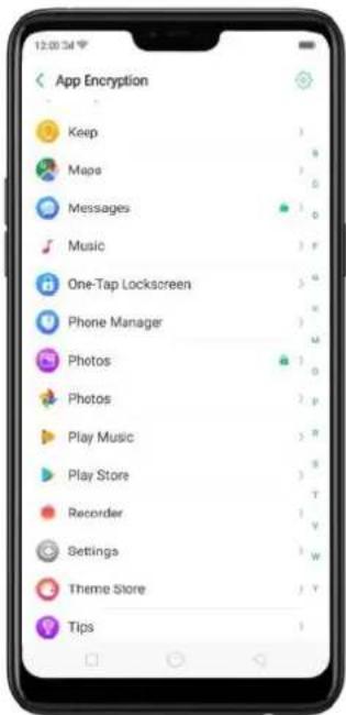App Encryption Keep Maps Messages Music One-Tap Lockscreen Phone Manager Photos Photos Play Music Play Store Recorder Settings Theme Store Tips