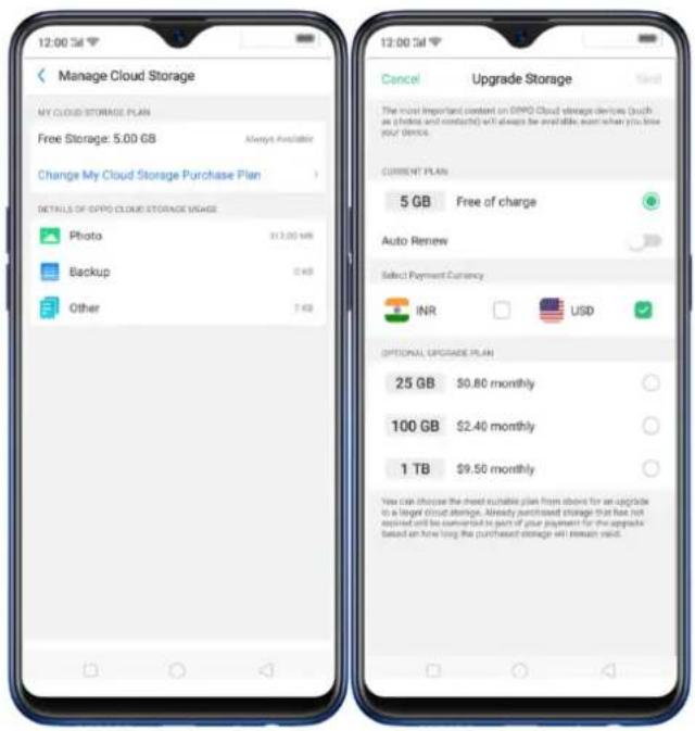 12:00 Sat Manage Cloud Storage My CLOUD STORAGE PLAN Free Storage: 5.00 GB Always Available Change My Cloud Storage Purchase Plan DETAILS OF OPPO CLOUD STORAGE MAGARE Photo 31.20 MB Backup 0 KB Other 7 KB 12:00 Sat Cancel Upgrade Storage The most important context on OPPO Cloud storage devices (such as (highlight and contact) will always be available, even when you have your device. CURRENT PLAN 5 GB Free of charge Auto Renew Select Payment Currency: INR USD OPTIONAL UPGRADE PLAN 25 GB $0.80 monthly 100 GB $2.40 monthly 1 TB $9.50 monthly You can choose the closed suitable plan from above for an upgrade to a larger cloud storage. Already purchased storage that has not existed until it is converted in part of your payment for the upgrade based on how long the purchased storage will already valid.