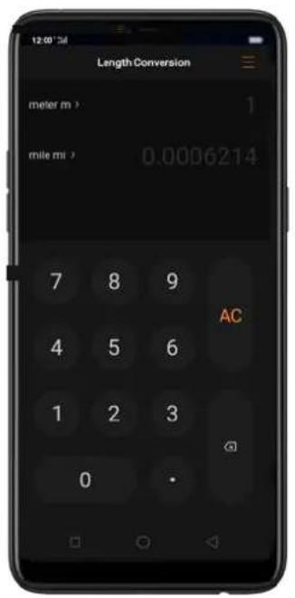12:00 PM Length Conversion meter m > mile mt > 0.0006214 7 8 9 4 5 6 1 2 3 0 · AC