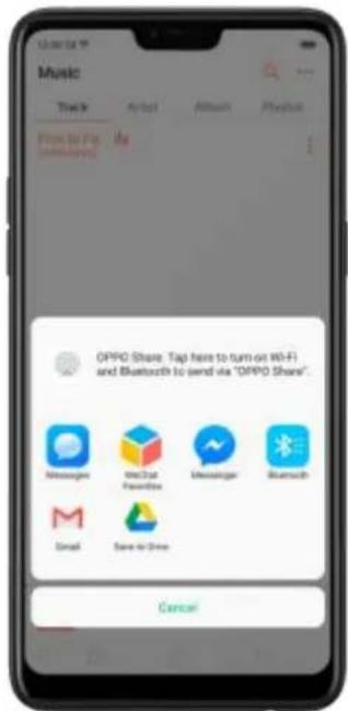 Music Track Aerial Album Play button How to File (10:00 PM) OPPO Share, Tap here to turn on Wi-Fi and Bluetooth to send via "OPPO Share". Messages MacOut Favorites Messenger Bluetooth M Send Save to Drive Cancel