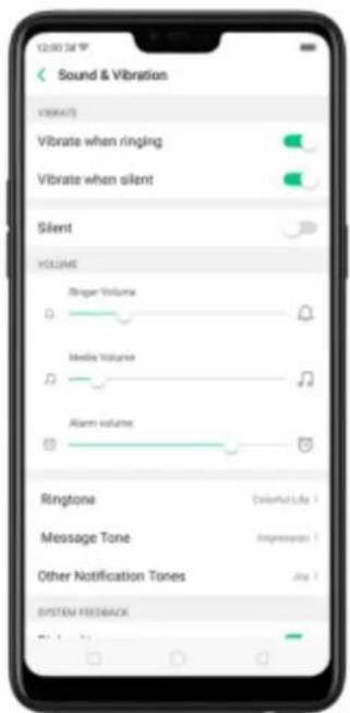 12:00 PM Sound & Vibration VBRIGATE Vibrate when ringing Vibrate when silent Silent VOLUME Ringer Volume Media Volume Alarm volume Ringtone Message Tone Other Notification Tones System Feedback