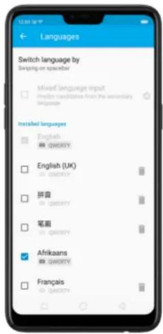 Switch language by Switching on spacer bar Mixed Language Input Prelics candidates from the secondary language Installed languages English OK QMERTY English (UK) OK QMERTY 拼音 OK QMERTY 笔画 OK QMERTY Afrikaans OK QMERTY Français OK QMERTY