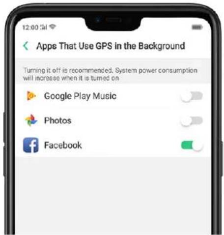 12:00:51 Apps That Use GPS in the Background Turning it off is recommended. System power consumption will increase when it is turned on Google Play Music Photos Facebook