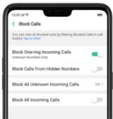 12:00:34 Block Calls You can view all blocked calls by filtering Blocked Calls in call Directory Tap to View Block One-ring Incoming Calls Unknown Numbers Only Block Calls From Hidden Numbers Block All Unknown Incoming Calls Off > Block All Incoming Calls