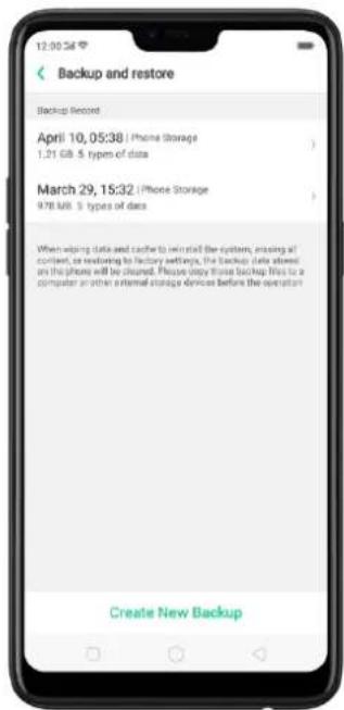 Backup and restore Backup Record April 10, 05:38 (iPhone Storage) 1.21 GB 5 types of data March 29, 15:32 (iPhone Storage) 9:30 MB 5 types of data When wiping data and cache to install the system, creating all content, or restoring to factory settings, the backup data stored on the phone will be closed. Please copy these backup files to a computer or other internal storage devices before the operation Create New Backup