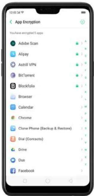 App Encryption You have encrypted5 apps Adobe Scan Alipay Astrill VPN BitTorrent Blockfolio Browser Calendar Chrome Clone Phone (Backup & Restore) Dial (Contracts) Drive Duo Facebook