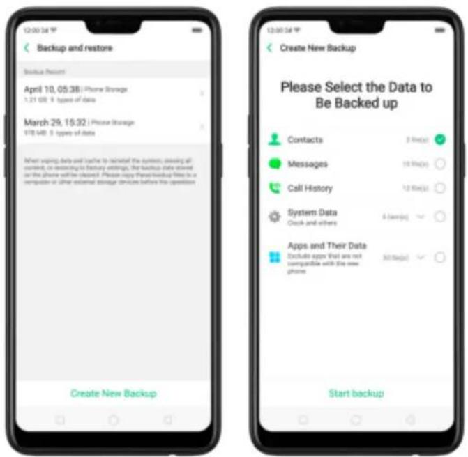 12:00:34 Backup and restore Bodaka Record April 10, 05:38 | Phone Storage 1:21:08:9 types of data March 29, 15:32 | Phone Storage 978:48:9 types of data After warning data and alerts to related the system, clearing all content, in-replacing to Bodaka settings, the backup data stored on the phone will be closed. Please copy Planet Backup files in a computer or other external storage device before the operation Create New Backup Please Select the Data to Be Backed up Contacts Messages Call History System Data Check and others 6 items(s) Apps and Their Data Exclude apps that are not compatible with the new phone 30 items(s) Start backup