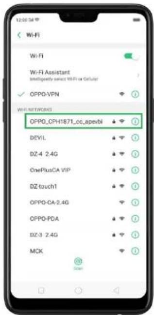 12:00 AM Wi-Fi Wi-Fi Wi-Fi Assistant Intelligently select WiFi or Cellular ✓ OPPO-VPN OPPO_CPH1871_cc_spevbi DEVIL DZ-4 2.4G OnePlusCA VIP DZ-touch1 OPPO-CA-2.4G OPPO-PDA DZ-3 2.4G MCK