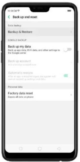 12:00:34 Back up and reset Data Backup Backup & Restore GOOGLE BACKUP Back up my data Back up app data, Wi-Fi data, and other settings to the Google server Back up account Add a backup account now Automatic restore After an app is installed request, new system will continue to add up settings and data. Personal data Factory data reset Excess all data on phone