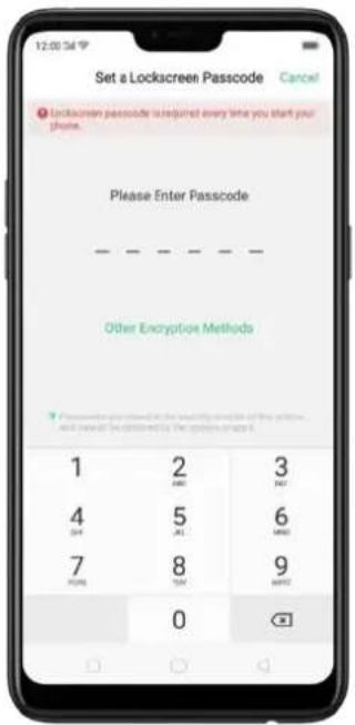 12:00:34 P Set a Lockscreen Passcode Cancel Lockscreen passcode is required every time you start your phone. Please Enter Passcode - Other Encryption Methods 1 2 3 SHE AM SAT 4 5 6 7 8 9 FORD TOM BATH 0