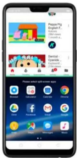 Peppa Pig English F... Nutrition 250+ views 1 month 4... Dentist - Cyanide ... Explore#E... 210+ views Please select split-screen apps Briemar Calcutenir Calendar Chrome Drive Facebook Snap Snigh Know Make Messages Music