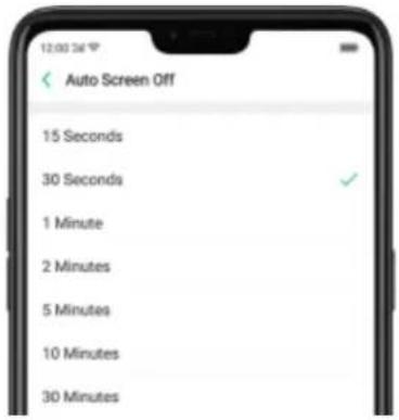 12:00:34 Auto Screen Off 15 Seconds 30 Seconds 1 Minute 2 Minutes 5 Minutes 10 Minutes 30 Minutes