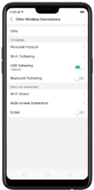 12:00:54 Other Wireless Connections VPN TETHERING Personal Hotspot Wi-Fi Tethering USB Tethering Tethered Bluetooth Tethering WIRELESS TRANSPORT Wi-Fi Direct Multi-screen Interaction DLNA