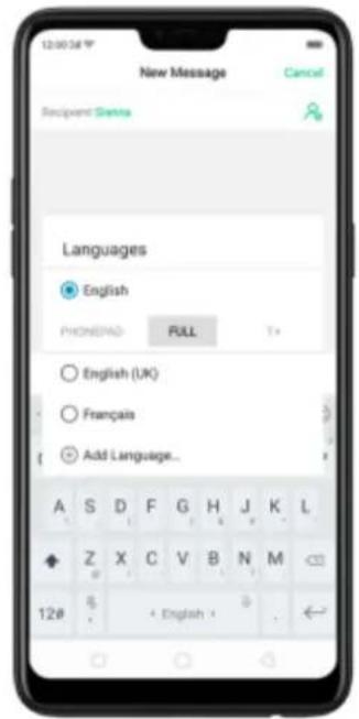 12:00:36 New Message Cancel Recipient Sentra Languages English PHOENED FULL T+ English (UK) Français Add Language... A S D F G H J K L Z X C V B N M 12# 5 + English + .