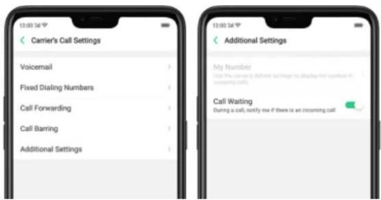 Carrier's Call Settings Voicemail Fixed Dialing Numbers Call Forwarding Call Barring Additional Settings Additional Settings My Number Use the customer's different settings to display my number in incoming calls Call Waiting During a call, notify me if there is an incoming call