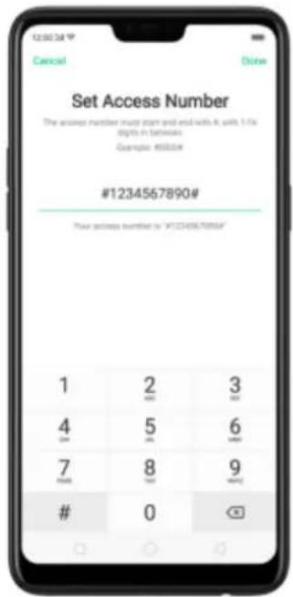 12:00:34 Cancel Done Set Access Number The access number must start and end with it, width 1.5% digits in between Example #0000# #1234567890# Your package number is "AT234567890A"