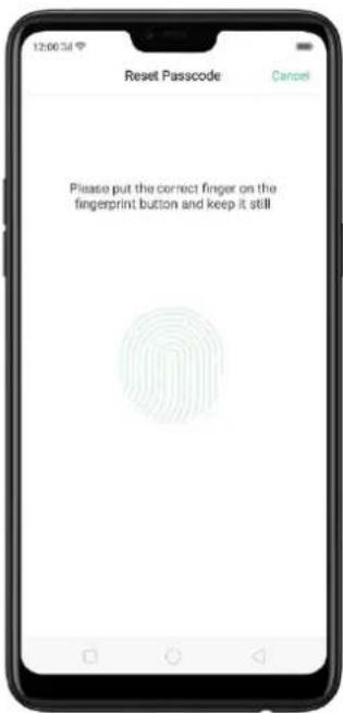 12:00:54 Reset Passcode Cancel Please put the correct finger on the fingerprint button and keep it still