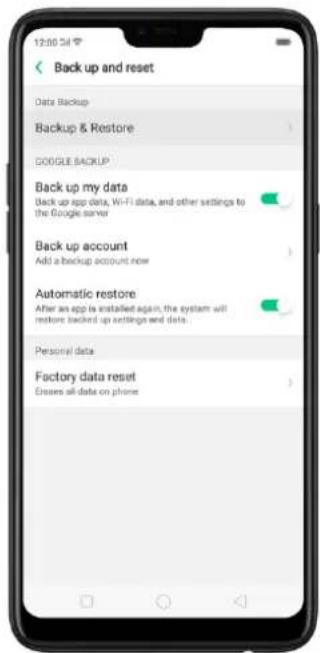 Back up and reset Data Backup Backup & Restore GOOGLE BACKUP Back up my data Back up app data, Wi-Fi data, and other settings to the Google server Back up account Add a backup account now Automatic restore After an app is installed again, the system will restore backed up settings and data. Personal data Factory data reset Eroses all data on phone