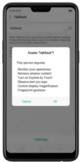 Enable "TalkBack?" This service requires: Monitor your operations: Retrieve window content Turn on Explore by Touch Observe text you type Control display magnification Fingerprint gestures Cancel OK Settings