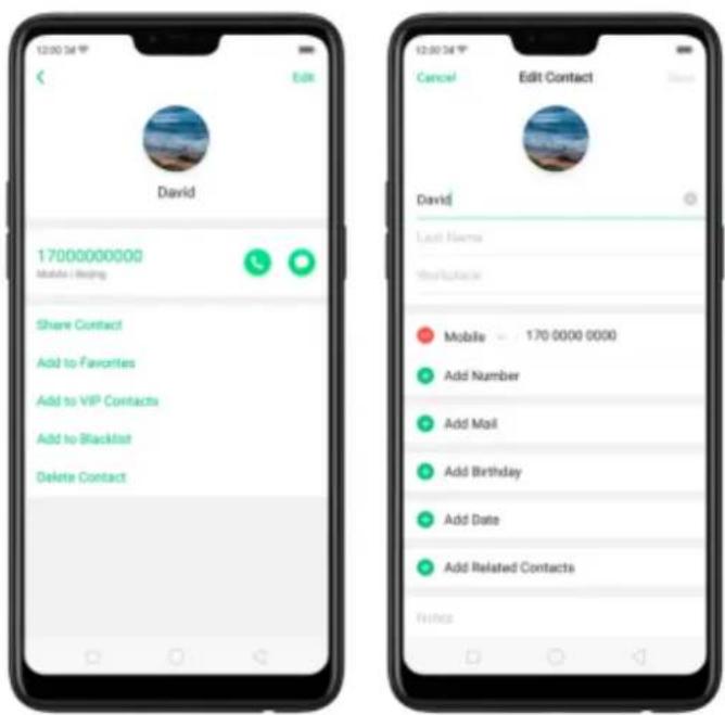 12:00:34 Edit David 17000000000 Mobile / Adding Share Contact Add to Favorites Add to VIP Contacts Add to Blacklist Delete Contact Edit Contact David Last Name Workplace Mobile 170 0000 0000 Add Number Add Mail Add Birthday Add Date Add Related Contacts Refresh