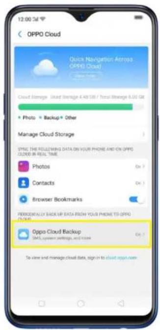 12:00:54 OPPO Cloud Quick Navigation Across OPPO Cloud? Cloud Storage: Quick Storage 4.48 GB / Total Storage 6.00 GB Photo Backup Other Manage Cloud Storage SYNC THE FOLLOWING DATA ON YOUR PHONE AND ON OPPO CLOUD IN REAL TIME Photos On ? Contacts On ? Browser Bookmarks PERIODALLY BACK UP DATA FROM YOUR PHONE TO OPPO CLOUD. Oppo Cloud Backup SMS system settings, and more On ? To view and manage cloud data, sign or to cloud appn.com