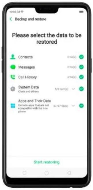 Backup and restore Please select the data to be restored Contacts 2 file(x) Messages 2 file(x) Call History 2 file(x) System Data 5/8 (item(s)) Clock and others Apps and Their Data Exclude apps that are not compatible with the new phone 22/27 (bits) Start restoring