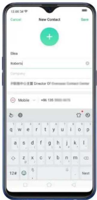 12:00 3d Cancel New Contact Save Elisa Roberts Company @東京中心主管 Director Of @東京中心 Manager Mobile +86 135 12# Next