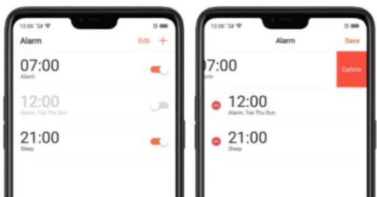 12:00 '34' Alarm Edit + 07:00 Alarm 12:00 Alarm, Tue Thu Sun 21:00 Sleep Alarm Save Delete 07:00 with 12:00 Alarm, Tue Thu Sun 21:00 Sleep