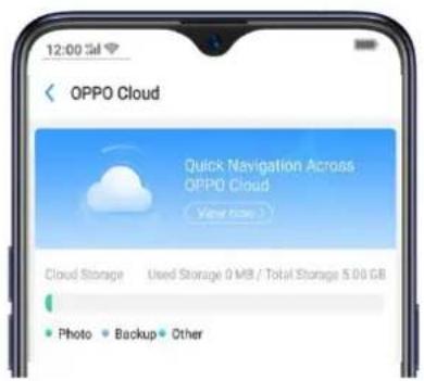 12:00 OPPO Cloud Quick Navigation Across OPPO Cloud View info Cloud Storage Used Storage 0 MB / Total Storage 5.00 GB Photo Backup Other