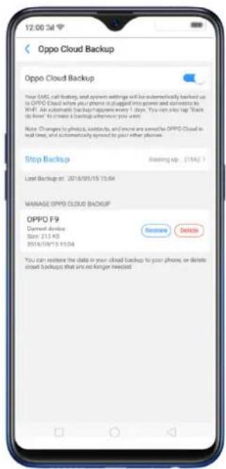 12:00:34 Oppo Cloud Backup Oppo Cloud Backup Your SMS call floating, and prompt settings will be automatically backed up to OPPO Cloud when your phone is plugged into power and wireless to WiFi. An automatic backup happens every 1 day. You can also tap "Back" (No text) to create a backup whenever you use! Note: Changes to photos, contacts, and more are sensitive OPPO Cloud in wall time, and automatically grown to your other phones. Stop Backup Backing up... (15%) Last Backup at: 2018/09/15 10:04 MAGARE OPPO CLOUD BACKUP OPPO F9 Current device Size: 213 KB 2016/09/15 10:04 Restore Delete You can restore the data in your closed backup to your phone, or delete closed backups that are no longer needed.