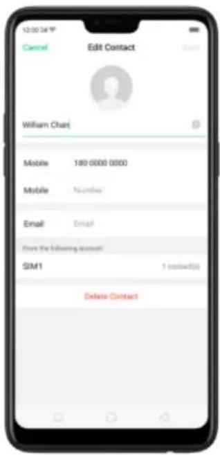 12:00:36 Cancel Edit Contact William Chat Mobile 180 0000 0000 Mobile Number Email Email from the following account SIM1 1 (contact(s)) Delete Contact