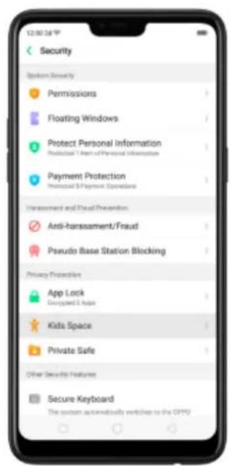12:00:34 Security System Security Permissions Floating Windows Protect Personal Information Prelisted 1-3 Men of Personal Information Payment Protection Prelisted 5 Payment Spreads Hansuishment and Fraud Prevention Anti-transsament/Fraud Pseudo Base Station Blocking Privacy Protection App Lock Unprotected & Alarm Kids Space Private Safe Other Security Features Secure Keyboard The system automatically switches to the OPPO