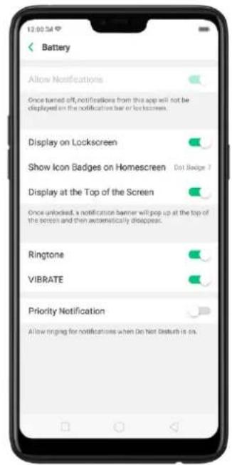Battery Allow Notifications Once turned off, notifications from this app will not be deployed on the notifications bar or lockscreen. Display on Lockscreen Show Icon Badges on Homescreen Dot Badge ? Display at the Top of the Screen Once unlocked, a notification banner will pop up at the top of the screen and then automatically disappears. Ringtone VIBRATE Priority Notification Allow ringing for notifications when Do not Disturb is on.