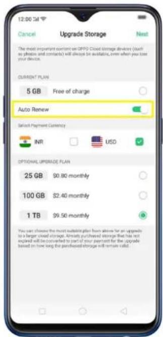 12:00 Sat Cancel Upgrade Storage Next The most important content on OPPO Cloud storage devices (such as phones and contacts) will always be available, even when you lose your device. CURRENT PLAN 5 GB Free of charge Auto Renew Select Payment Currency INR USD OPTIONAL UPGRADE PLAN 25 GB $0.80 monthly 100 GB $2.40 monthly 1 TB $9.50 monthly You start choose the most available plan from above for an upgrade to a longer closed storage. Already purchased storage that has not expired will be converted to part of your payment for the upgrade based on how long the purchased storage will remain valid.