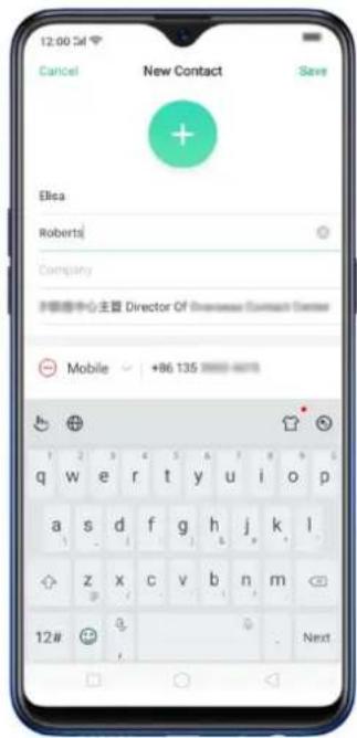 12:00 Cancel New Contact Save Elisa Roberts Company P@服务中心 主管 Director Of Overseas Contact Center Mobile +86 135 q w e r t y u i o p a s d f g h j k l z x c v b n m 12# 3 Next