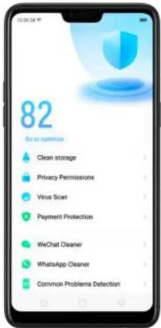 82 Go to optimize Clean storage Privacy Permissions Virus Scan Payment Protection WeChat Cleaner WhatsApp Cleaner Common Problems Detection