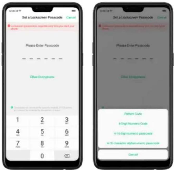Set a Lockscreen Passcode Cancel Please Enter Passcode Other Encryptions 1 2 3 4 5 6 7 8 9 0 Set a Lockscreen Passcode Cancel Please Enter Passcode Other Encryptions Pattern Code 4-digit Numeric Code 4-14 digit numert passcode 4-15 character alphanumeric passcode Cancel