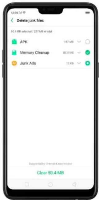 Delete junk files 80.4 MB selected / 237 MB in total APK 157 MB Memory Cleanup 80.4 MB Junk Ads 13 KB Supported by Chetrah Clean Header Clear 80.4 MB