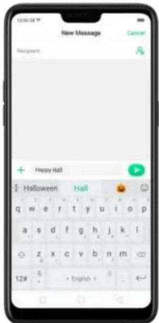 12:00:54 New Message Cancel Recipient: + Happy Hall - Halloween Hall q w e r t y u i o p a s d f g h j k l ◇ z x c v b n m 12# 6 • English +