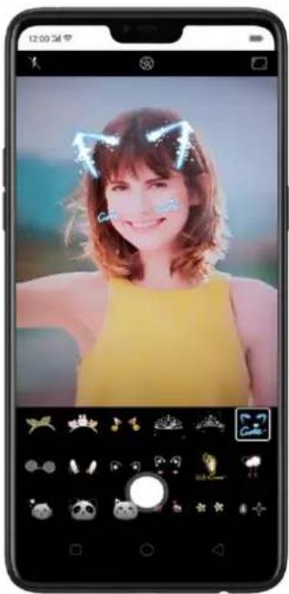 Mobile app screenshot showing a woman with cat hair accessories and a photo editing interface with icons for photos, images, and stars.
