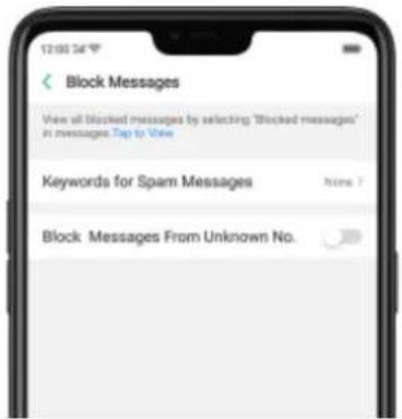 12:00:36 Block Messages View all blocked messages by selecting "Blocked messages" in messages Tap to View Keywords for Spam Messages None ? Block Messages From Unknown No.