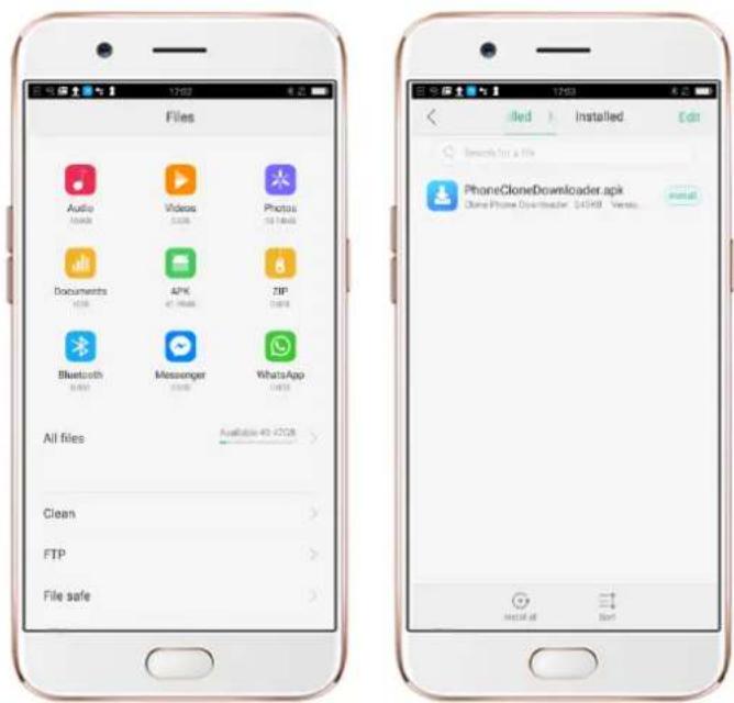 Files Audio 10.0KB Videos 3.0KB Photos 25.1KB Documents 10KB APK 47.1KB ZIP 3.0KB Bluetooth 6.0KB Messenger 3.0KB WhatsApp 4.0KB All files Available 49 x 10KB > Clean FTP File safe Filed installed Edit Search for a file PhoneCloneDownloader.apk Chrome iPhone Downloader, 241KB Version... Install