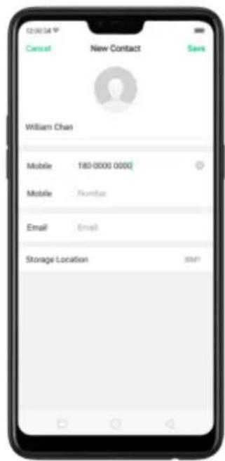 12:00:54 T Cancel New Contact Save William Chan Mobile 180 0000 0000 Mobile Number Email Email Storage Location EM1